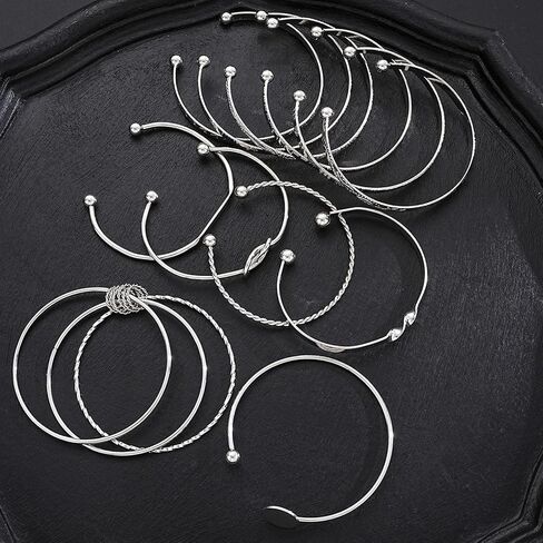 12 Pcs Geometric Twist & Braided Texture Bracelet Set, Layered Statement Stackable Cuffs with Embossed Pattern, Mixed Styles for Women Silver in Kuwait