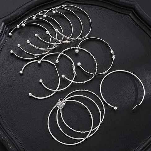 12 Pcs Geometric Twist & Braided Texture Bracelet Set, Layered Statement Stackable Cuffs with Embossed Pattern, Mixed Styles for Women Silver in Kuwait