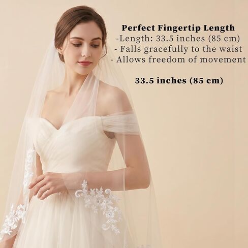 1 Pc White Short Bridal Veil with Comb, 33.5 Inch Polyester Tulle Wedding Veil, Floral Edge Lace Veils for Bride, Elegant Headwear for Wedding Party Shower (White) in Kuwait
