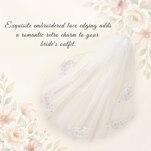 1 Pc White Short Bridal Veil with Comb, 33.5 Inch Polyester Tulle Wedding Veil, Floral Edge Lace Veils for Bride, Elegant Headwear for Wedding Party Shower (White) in Kuwait