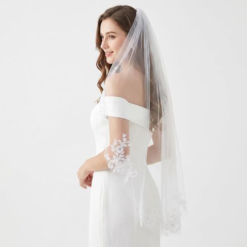 1 Pc White Short Bridal Veil with Comb, 33.5 Inch Polyester Tulle Wedding Veil, Floral Edge Lace Veils for Bride, Elegant Headwear for Wedding Party Shower (White) in Kuwait