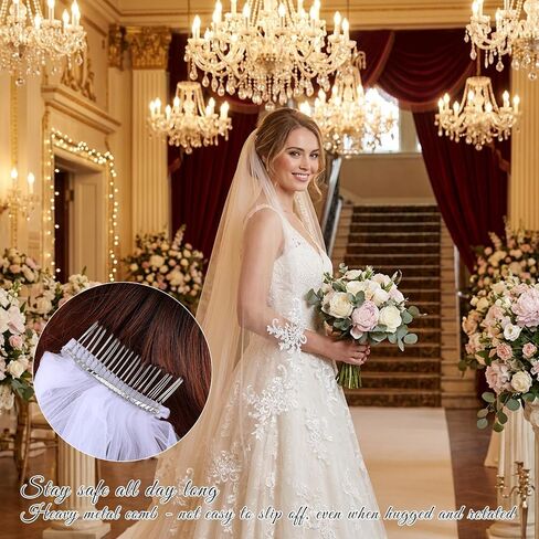 1 Pc White Short Bridal Veil with Comb, 33.5 Inch Polyester Tulle Wedding Veil, Floral Edge Lace Veils for Bride, Elegant Headwear for Wedding Party Shower (White) in Kuwait