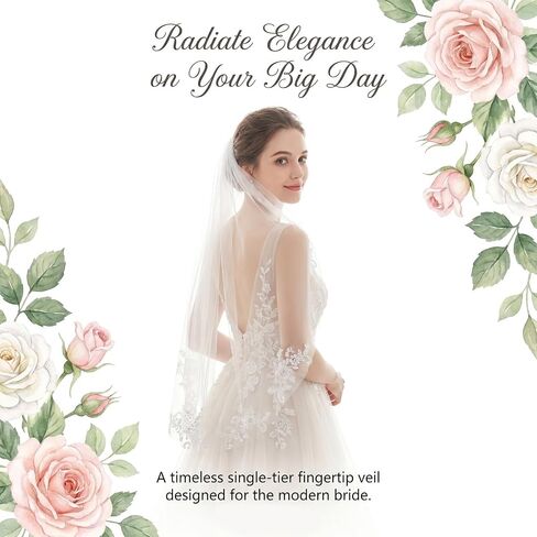 1 Pc White Short Bridal Veil with Comb, 33.5 Inch Polyester Tulle Wedding Veil, Floral Edge Lace Veils for Bride, Elegant Headwear for Wedding Party Shower (White) in Kuwait