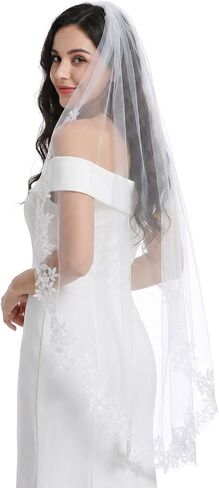 White Wedding Bridal Veil with Comb 1 Tier Lace Applique Edge Veils Elegant Flower Girl Veil Wedding Decoration for Women Bridal Shower Bachelorette Party Engagement Gift in Kuwait