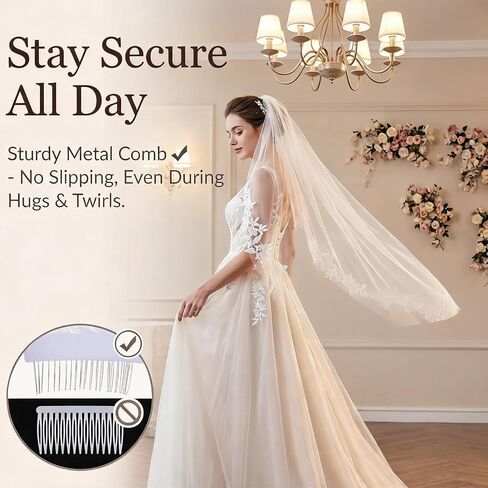 White Wedding Bridal Veil with Comb 1 Tier Lace Applique Edge Veils Elegant Flower Girl Veil Wedding Decoration for Women Bridal Shower Bachelorette Party Engagement Gift in Kuwait