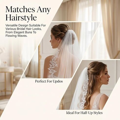White Wedding Bridal Veil with Comb 1 Tier Lace Applique Edge Veils Elegant Flower Girl Veil Wedding Decoration for Women Bridal Shower Bachelorette Party Engagement Gift in Kuwait