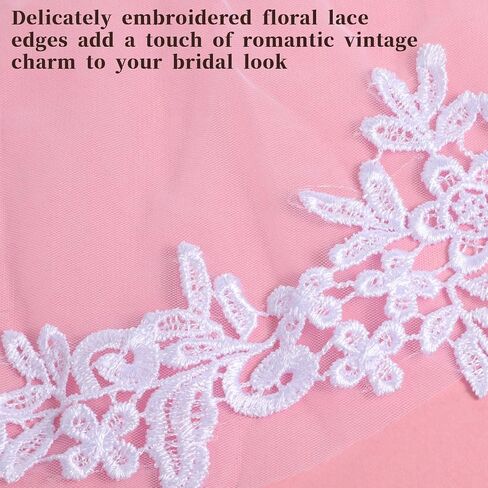 White Wedding Bridal Veil with Comb 1 Tier Lace Applique Edge Veils Elegant Flower Girl Veil Wedding Decoration for Women Bridal Shower Bachelorette Party Engagement Gift in Kuwait