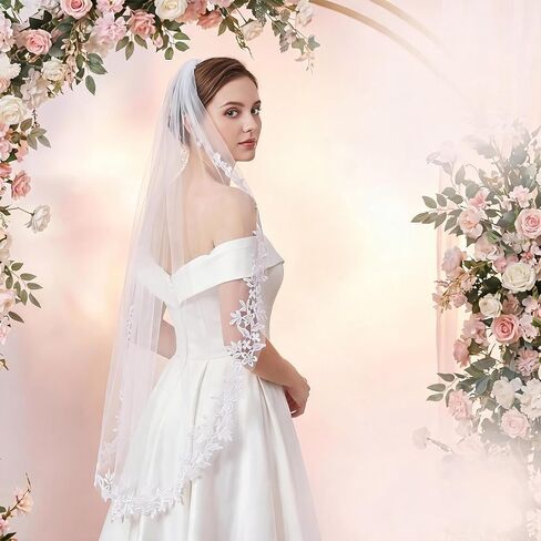 White Wedding Bridal Veil with Comb 1 Tier Lace Applique Edge Veils Elegant Flower Girl Veil Wedding Decoration for Women Bridal Shower Bachelorette Party Engagement Gift in Kuwait