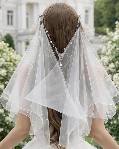 FRESHME Renaissance Veils for Women Wedding - Medieval Cathedral Long Bridal Veil with Comb, Elven Tulle Edge Veils with Moon Crystal for Bachelorette Party Bridal Showers Engagement Photos in Kuwait