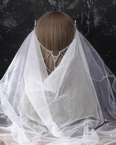 FRESHME Renaissance Veils for Women Wedding - Medieval Cathedral Long Bridal Veil with Comb, Elven Tulle Edge Veils with Moon Crystal for Bachelorette Party Bridal Showers Engagement Photos in Kuwait