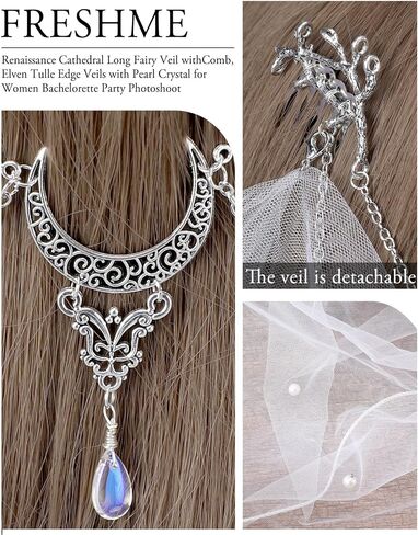 FRESHME Renaissance Veils for Women Wedding - Medieval Cathedral Long Bridal Veil with Comb, Elven Tulle Edge Veils with Moon Crystal for Bachelorette Party Bridal Showers Engagement Photos in Kuwait