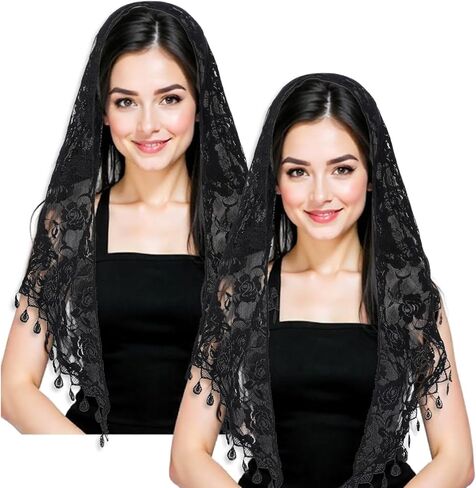 2pcs Black Mass Veil with Fringed Lace Catholic Veils for Women Mass,Vintage Triangle Mantilla Veil Church Mantilla in Kuwait