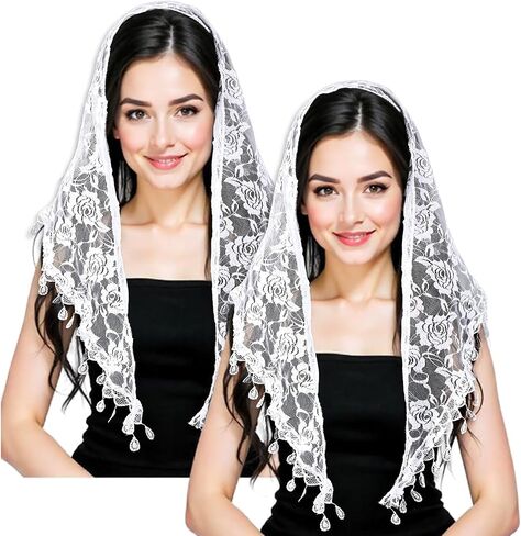 2pcs Black Mass Veil with Fringed Lace Catholic Veils for Women Mass,Vintage Triangle Mantilla Veil Church Mantilla in Kuwait