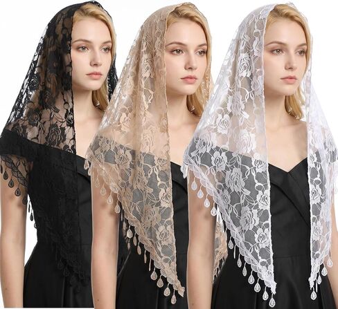 3 Pcs Mass Veil Triangle, Mantilla Veil for Women Floral Headwrap Triangle Lace Tulle Scarf Covering Latin Mass Head Covering Veils for Wedding Bridesmaid in Kuwait