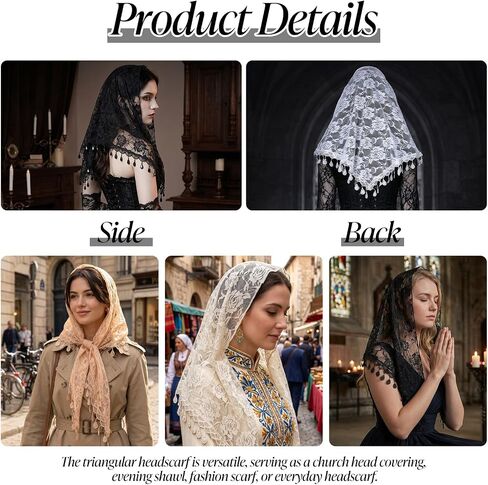 3 Pcs Mass Veil Triangle, Mantilla Veil for Women Floral Headwrap Triangle Lace Tulle Scarf Covering Latin Mass Head Covering Veils for Wedding Bridesmaid in Kuwait