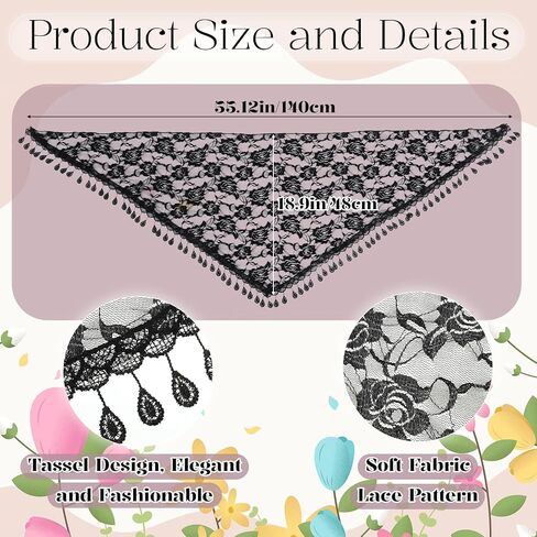 Larrel Lace Mantilla Veil, Elegant Lace Head Scarf for Weddings, Triangle Women Head Covering with Floral Pattern for Church Wedding Halloween Costumes Funerals Special Occasions(Black) in Kuwait