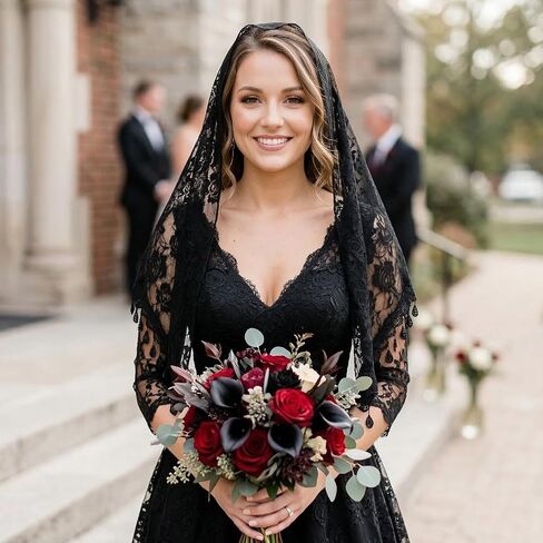Larrel Lace Mantilla Veil, Elegant Lace Head Scarf for Weddings, Triangle Women Head Covering with Floral Pattern for Church Wedding Halloween Costumes Funerals Special Occasions(Black) in Kuwait