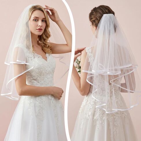 Tucnoeu White Bridal Veil Short 2 Tier Veil with white binding and Comb for bride veil, Perfect for Weddings and Bridal Showers Bridesmaid BachParty in Kuwait