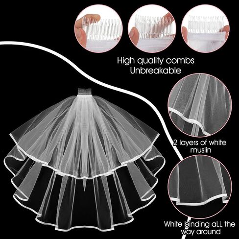 Tucnoeu White Bridal Veil Short 2 Tier Veil with white binding and Comb for bride veil, Perfect for Weddings and Bridal Showers Bridesmaid BachParty in Kuwait