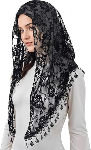 Floral Lace Triangle Mantilla Veil with Tassels,Catholic Church Head Covering for Mass,Latin Mass,Weddings & Bridal in Kuwait