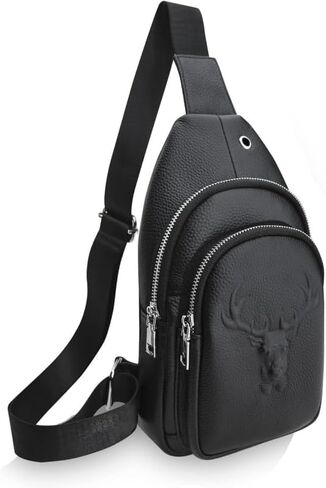 Men's Litchi Grain Leather Sling Bag, Large-Capacity Anti-Theft Crossbody Fanny Pack for Sports Travel and Outdoor Activities (Black) in Kuwait