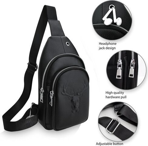 Men's Litchi Grain Leather Sling Bag, Large-Capacity Anti-Theft Crossbody Fanny Pack for Sports Travel and Outdoor Activities (Black) in Kuwait