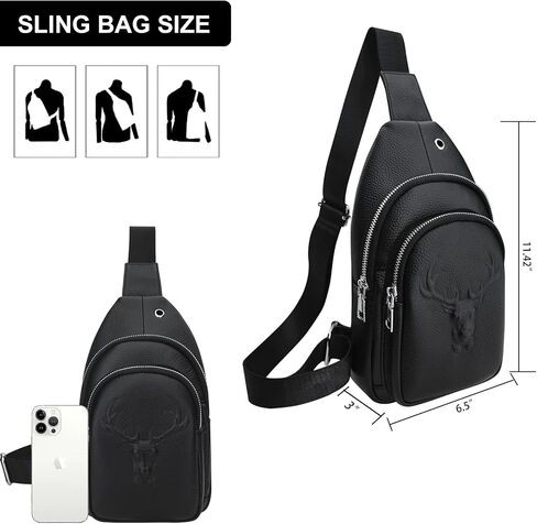 Men's Litchi Grain Leather Sling Bag, Large-Capacity Anti-Theft Crossbody Fanny Pack for Sports Travel and Outdoor Activities (Black) in Kuwait