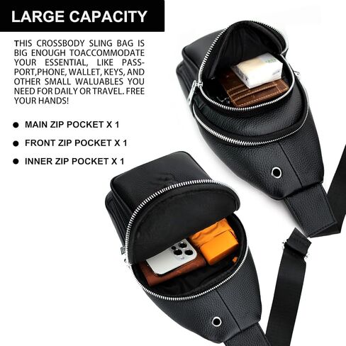 Men's Litchi Grain Leather Sling Bag, Large-Capacity Anti-Theft Crossbody Fanny Pack for Sports Travel and Outdoor Activities (Black) in Kuwait