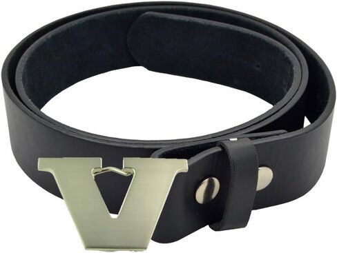 Stainless Steel "V" Initial Buckle & Genuine Black Leather Belt (40 in or 44 in) in Kuwait