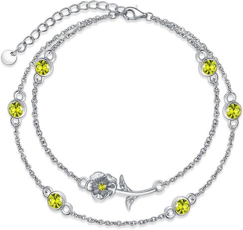 Birthstone Birth Flower Bracelets 925 Sterling Silver Double Layered Birthstone Birth Flower Bracelet Birthday Jewelry Gift for Women Her,Chain Length 7"+2" Extend in Saudi Arabia