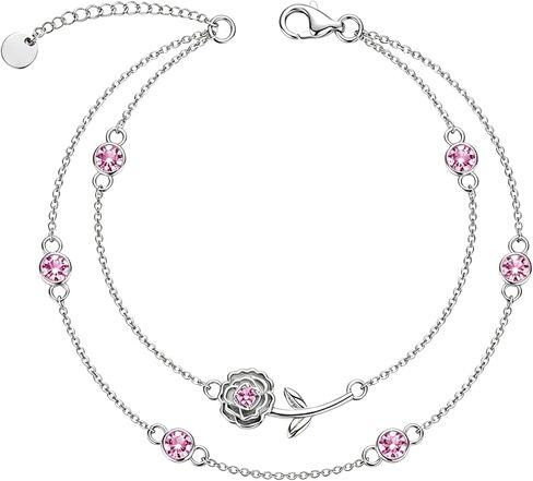 Birthstone Birth Flower Bracelets 925 Sterling Silver Double Layered Birthstone Birth Flower Bracelet Birthday Jewelry Gift for Women Her,Chain Length 7"+2" Extend in Saudi Arabia