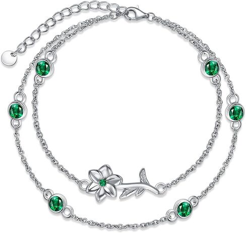 Birthstone Birth Flower Bracelets 925 Sterling Silver Double Layered Birthstone Birth Flower Bracelet Birthday Jewelry Gift for Women Her,Chain Length 7"+2" Extend in Saudi Arabia