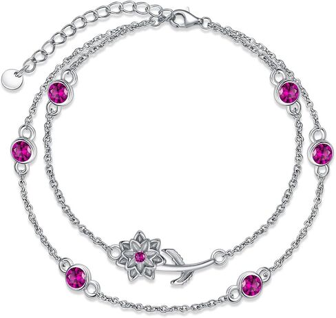 Birthstone Birth Flower Bracelets 925 Sterling Silver Double Layered Birthstone Birth Flower Bracelet Birthday Jewelry Gift for Women Her,Chain Length 7"+2" Extend in Saudi Arabia
