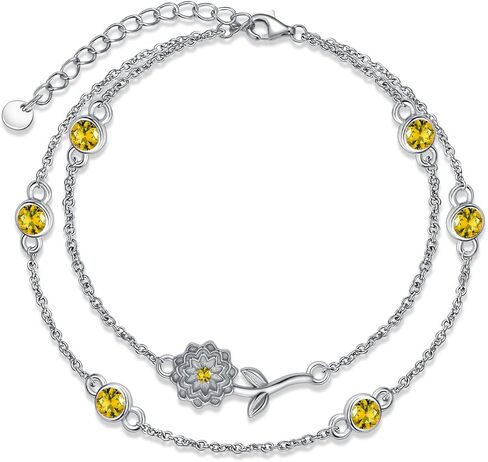 Birthstone Birth Flower Bracelets 925 Sterling Silver Double Layered Birthstone Birth Flower Bracelet Birthday Jewelry Gift for Women Her,Chain Length 7"+2" Extend in Saudi Arabia