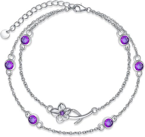 Birthstone Birth Flower Bracelets 925 Sterling Silver Double Layered Birthstone Birth Flower Bracelet Birthday Jewelry Gift for Women Her,Chain Length 7"+2" Extend in Saudi Arabia