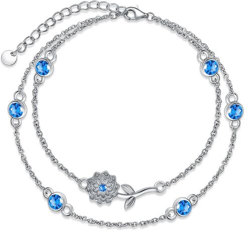 Birthstone Birth Flower Bracelets 925 Sterling Silver Double Layered Birthstone Birth Flower Bracelet Birthday Jewelry Gift for Women Her,Chain Length 7"+2" Extend in Saudi Arabia
