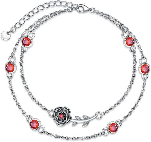 Birthstone Birth Flower Bracelets 925 Sterling Silver Double Layered Birthstone Birth Flower Bracelet Birthday Jewelry Gift for Women Her,Chain Length 7"+2" Extend in Saudi Arabia
