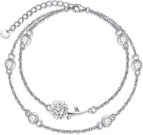 Birthstone Birth Flower Bracelets 925 Sterling Silver Double Layered Birthstone Birth Flower Bracelet Birthday Jewelry Gift for Women Her,Chain Length 7"+2" Extend in Saudi Arabia