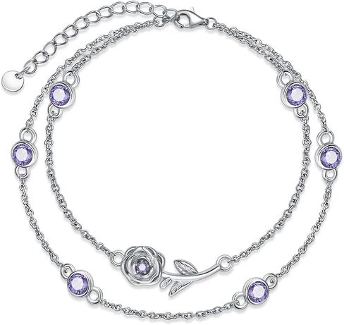 Birthstone Birth Flower Bracelets 925 Sterling Silver Double Layered Birthstone Birth Flower Bracelet Birthday Jewelry Gift for Women Her,Chain Length 7"+2" Extend in Saudi Arabia
