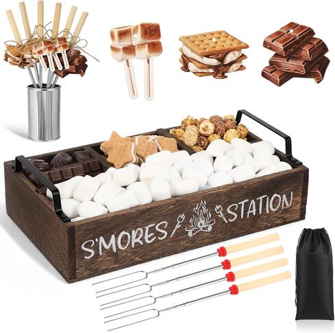 Reallnaive 35 Pcs S'mores Station Box Farmhouse Smores Bar Holder with Handles 8 Extendable Marshmallow Roasting Sticks 1 Storage Bucket 24 Label Cards Storage Smores Accessories Organizer(Brown) in Kuwait