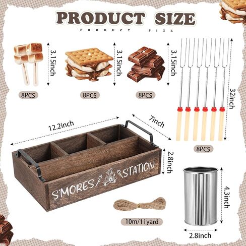 Reallnaive 35 Pcs S'mores Station Box Farmhouse Smores Bar Holder with Handles 8 Extendable Marshmallow Roasting Sticks 1 Storage Bucket 24 Label Cards Storage Smores Accessories Organizer(Brown) in Kuwait