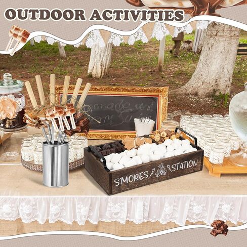 Reallnaive 35 Pcs S'mores Station Box Farmhouse Smores Bar Holder with Handles 8 Extendable Marshmallow Roasting Sticks 1 Storage Bucket 24 Label Cards Storage Smores Accessories Organizer(Brown) in Kuwait