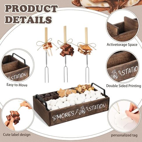 Reallnaive 35 Pcs S'mores Station Box Farmhouse Smores Bar Holder with Handles 8 Extendable Marshmallow Roasting Sticks 1 Storage Bucket 24 Label Cards Storage Smores Accessories Organizer(Brown) in Kuwait