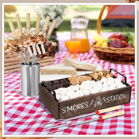 Reallnaive 35 Pcs S'mores Station Box Farmhouse Smores Bar Holder with Handles 8 Extendable Marshmallow Roasting Sticks 1 Storage Bucket 24 Label Cards Storage Smores Accessories Organizer(Brown) in Kuwait