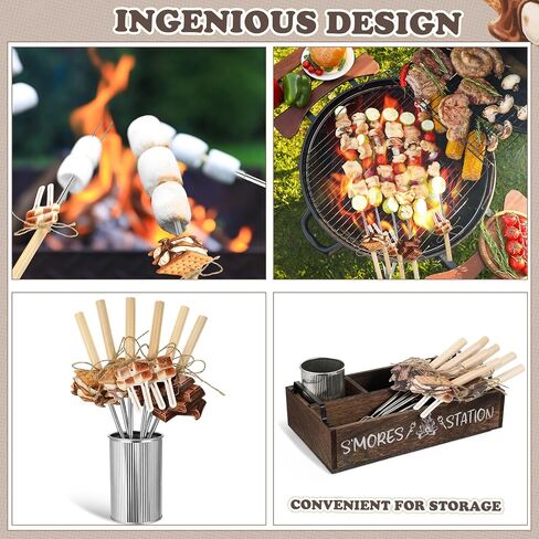 Reallnaive 35 Pcs S'mores Station Box Farmhouse Smores Bar Holder with Handles 8 Extendable Marshmallow Roasting Sticks 1 Storage Bucket 24 Label Cards Storage Smores Accessories Organizer(Brown) in Kuwait