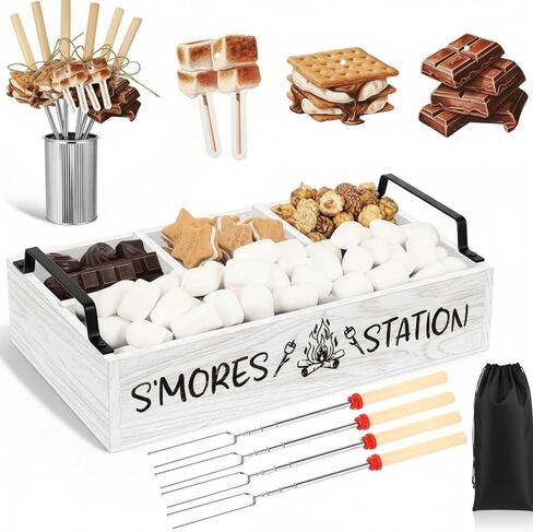 Reallnaive 35 Pcs S'mores Station Box Farmhouse Smores Bar Holder with Handles 8 Extendable Marshmallow Roasting Sticks 1 Storage Bucket 24 Label Cards Storage Smores Accessories Organizer(Brown) in Kuwait
