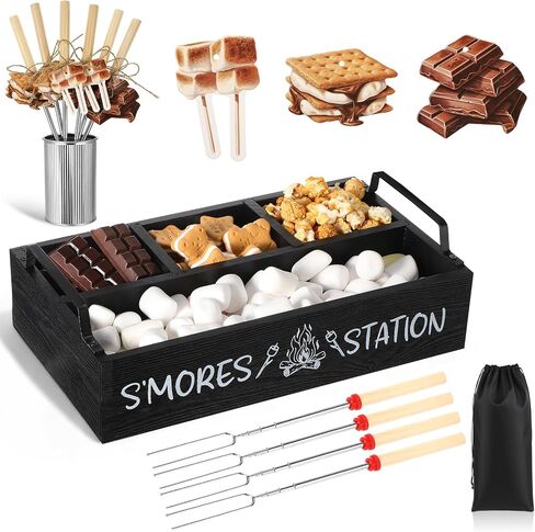 Reallnaive 35 Pcs S'mores Station Box Farmhouse Smores Bar Holder with Handles 8 Extendable Marshmallow Roasting Sticks 1 Storage Bucket 24 Label Cards Storage Smores Accessories Organizer(Brown) in Kuwait