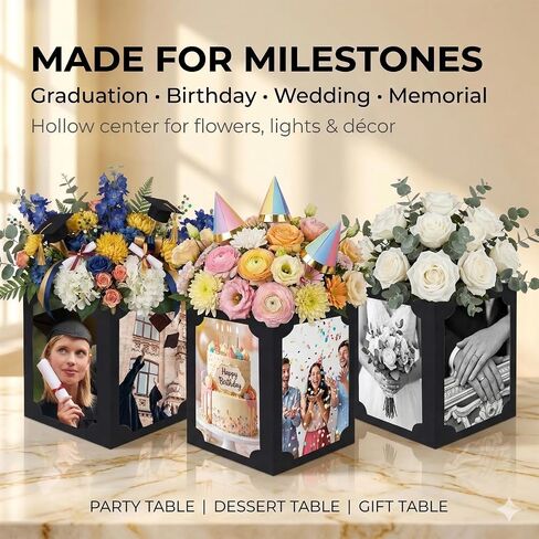 6 Pack Picture Centerpieces for Table, 4-Sided Photo Display Boxes for 4x6 & 5x7 Photos, Foldable Black Cardstock Decor for Graduation, Wedding, Birthday, Memorial in Kuwait