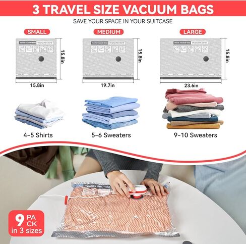 Travel Vacuum Bags with USB & TYPE C Pump,9 Pack Carry-On Size Vacuum Storage Bags for Luggage and Suitcase,Vacuum Luggage Bags,Space Saver for Clothes and Clothing Travel(Red) in Kuwait
