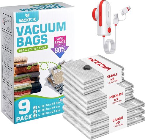 Travel Vacuum Bags with USB & TYPE C Pump,9 Pack Carry-On Size Vacuum Storage Bags for Luggage and Suitcase,Vacuum Luggage Bags,Space Saver for Clothes and Clothing Travel(Red) in Kuwait